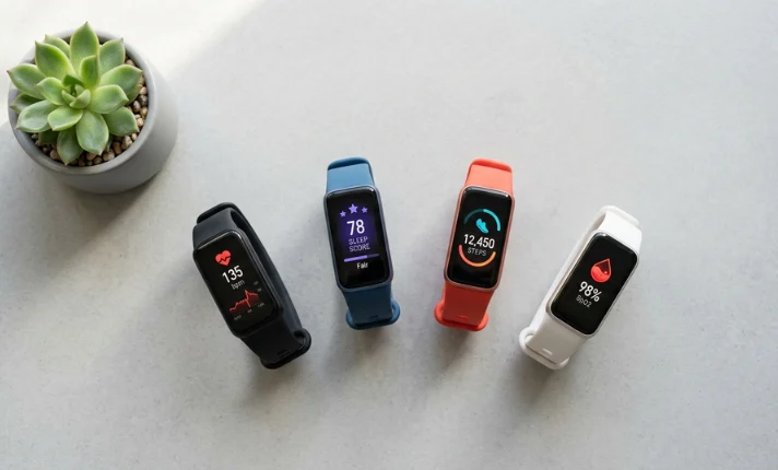 Top cheap fitness bands in 2026 arranged on a clean surface showing heart rate and step tracking displays. Top Cheap Fitness Bands in 2026 That Actually Deliver Results.