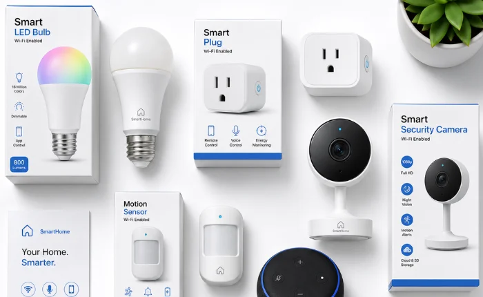 Collection of affordable home automation gadgets including smart lights, plugs, speaker, and motion sensor under $100