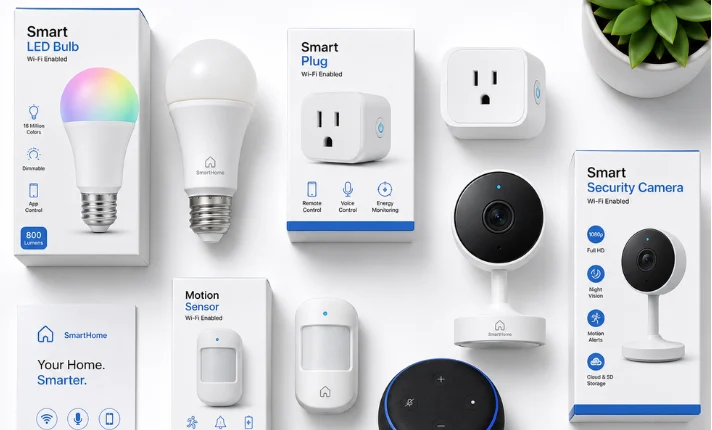 Collection of affordable home automation gadgets including smart lights, plugs, speaker, and motion sensor under $100