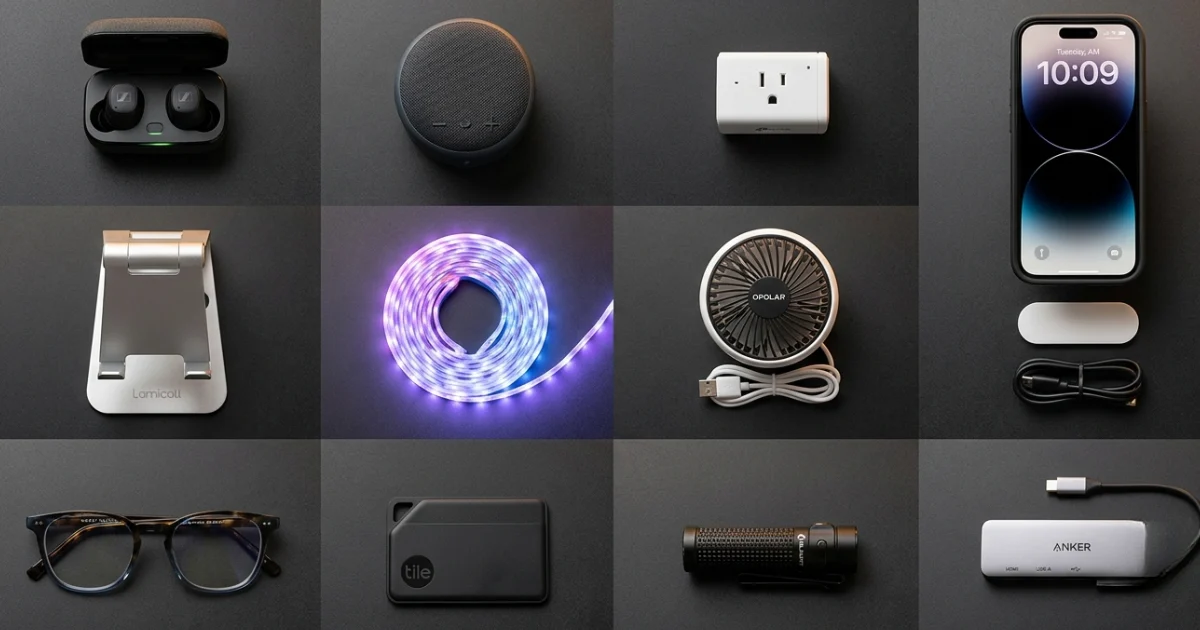 Top cheap tech gadgets under $30 arranged on a flat surface — 2026 budget picks